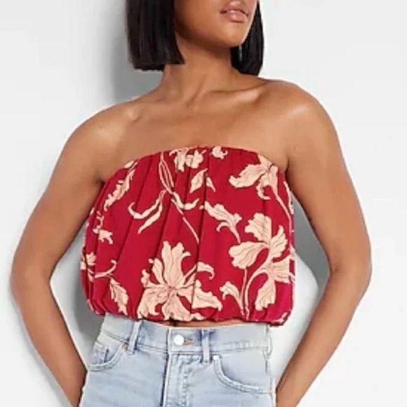 Express size XS Red Tan Hawaii Floral y2k Strapless Tube Top Cropped Elastic - Picture 1 of 7